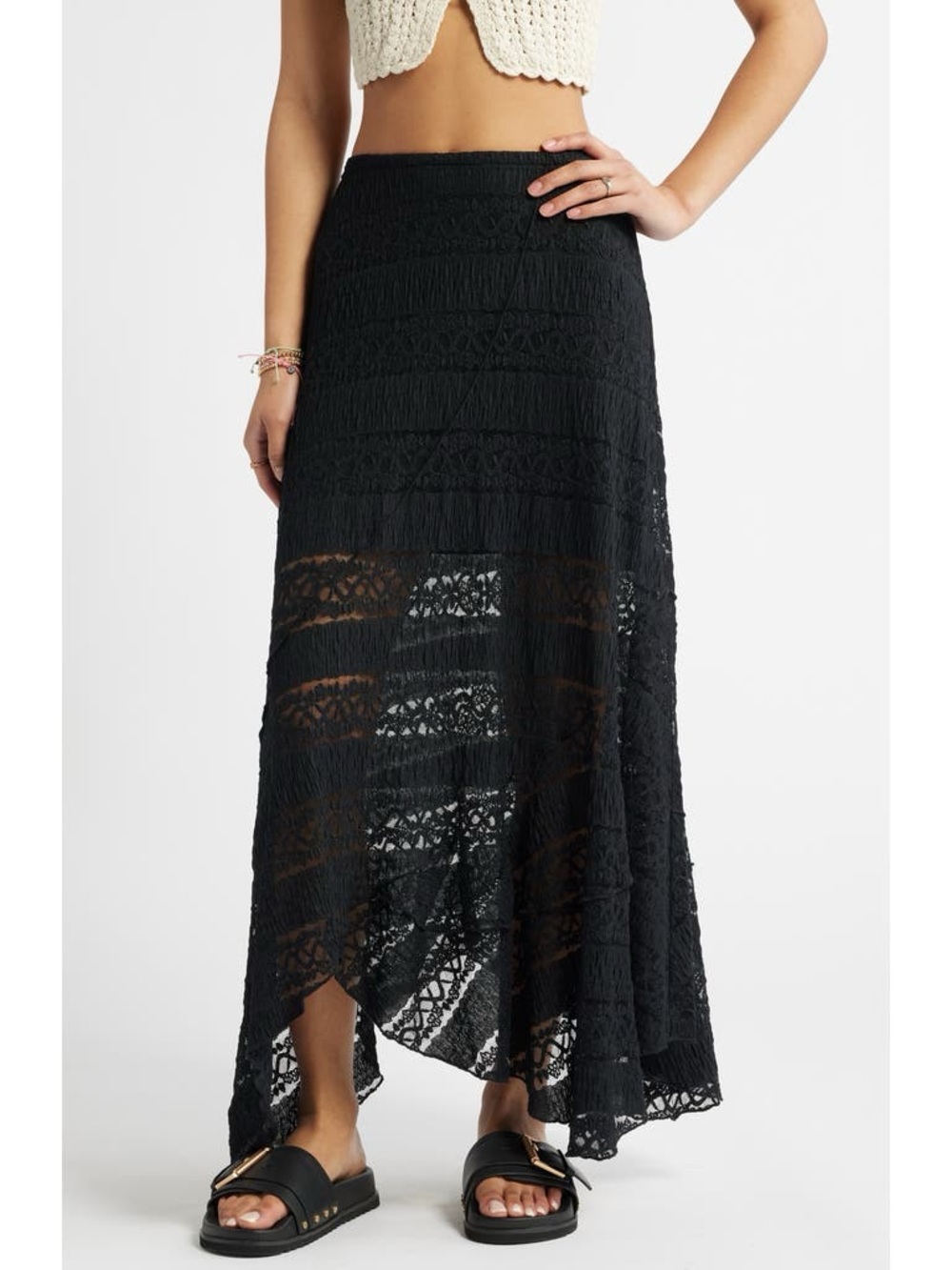 bp Black Asymmetrical Boho Lace Midi Skirt